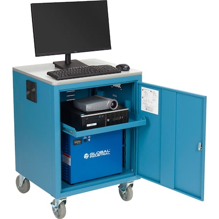 Global Industrial Mobile Powered Audio Visual Cart w/ Lockable Cabinet, 100AH Battery, Blue 241659PBL